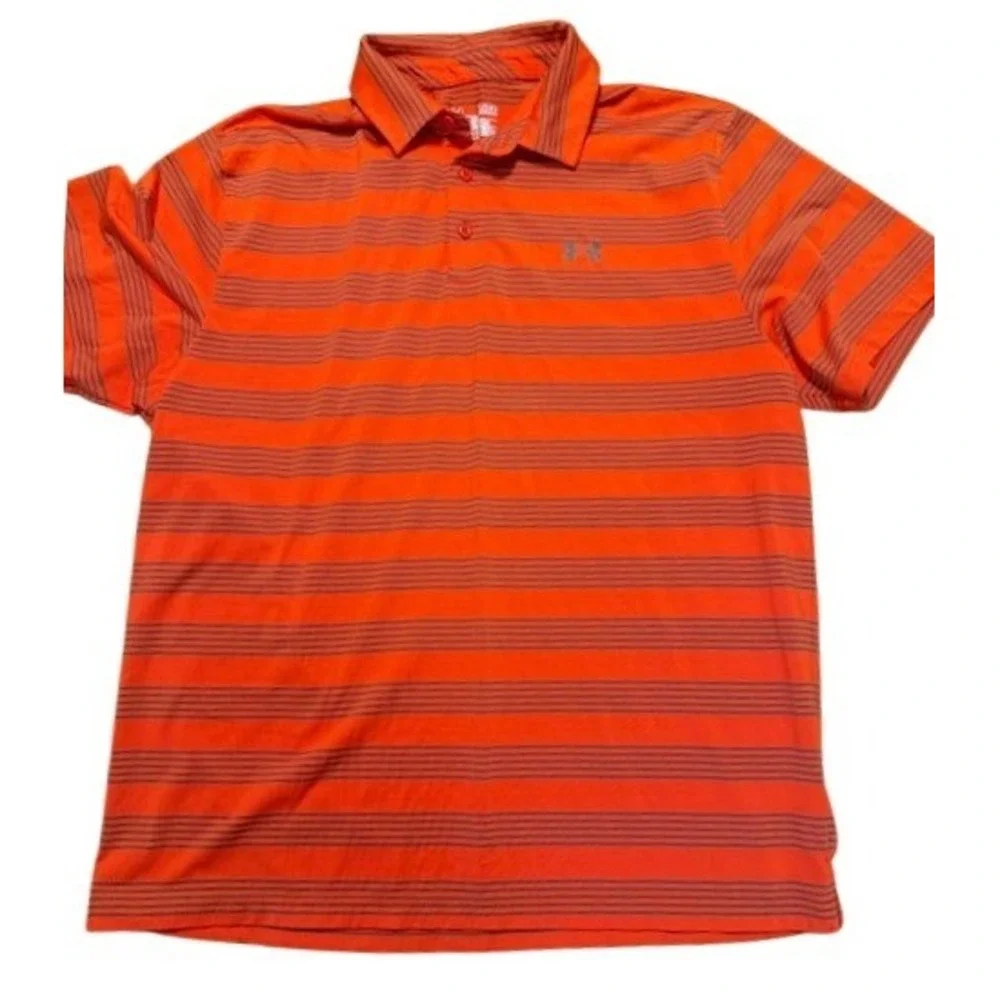Under Armour‎ Mens XL HeatGear Polo Shirt Lot 2 Black Orange Striped Loose Fit